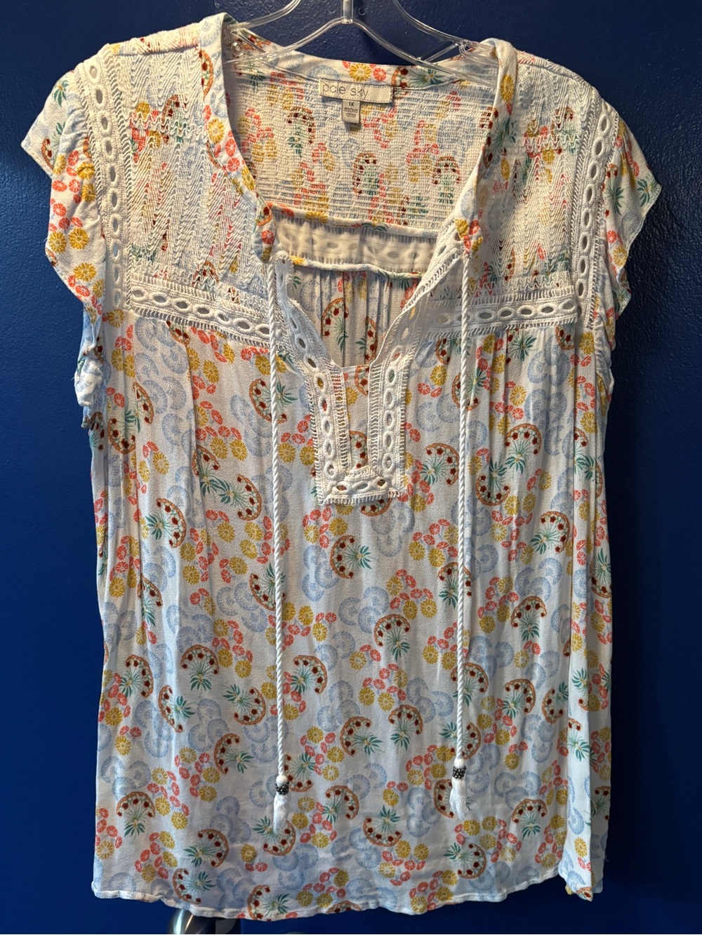 Pale Sky White Floral Crochet Yoke Flutter Sleeve Peasant Top 1X